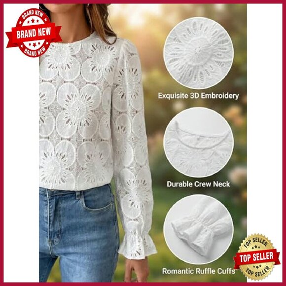 Long Sleeve Eyelet Lace Blouse, Loose Fit, 60% Cotton 40% Nylon - Picture 6 of 8